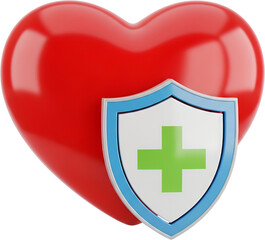 Obraz premium A red heart symbol is protected by a shield with a green plus sign representing health and security Protection Medical Safety Care Wellness Assurance Icon