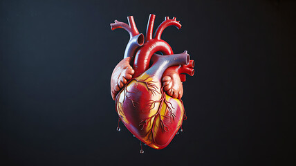 Detailed, vibrant human heart anatomy illustration with visible blood vessels and droplets, perfect for medical science and health awareness campaigns.