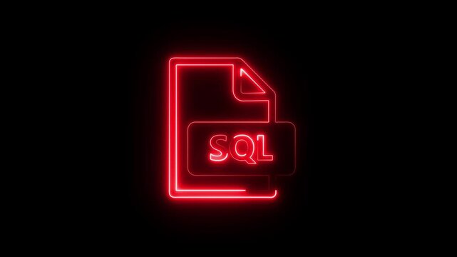 Neon Glowing SQL File Icon and Symbol Animation on Black Background.