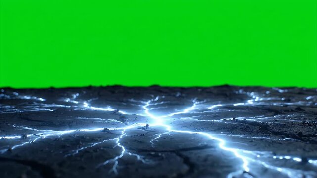 Electric energy erupting from cracked earth against a vibrant green screen background
