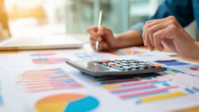       Businesswoman using calculator and reviewing colorful financial charts, symbolizing analysis, business growth, and financial management for modern professionals.
