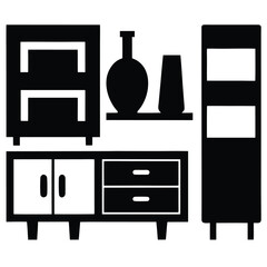 Black furniture silhouettes with vases white interior