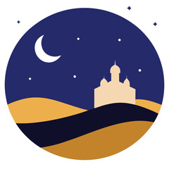 Desert mosque under crescent moon night sky stars
