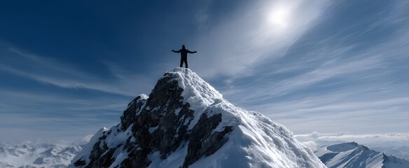 Mountain climber proudly on a snowy summit celebrating their epic adventure.