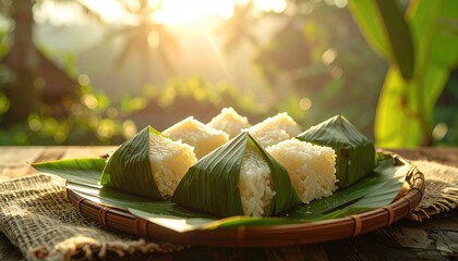 Sweet Sticky Rice Wrapped In Banana Leaves Served On A Woven Plate With Golden Sunlight Filtering Through Tropical Foliage