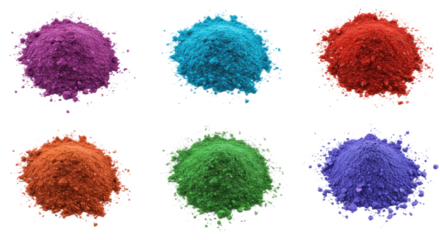 Vibrant colorful powder pigments in purple, blue, red, orange, green, and violet isolated on white background, perfect for Holi festival and artistic projects