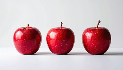 Three Shiny Red Apples in a Row on a White Table with a Light Gray Background and Soft Studio Lighting