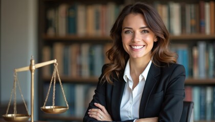 Professional smiling woman lawyer in business attire poses indoors. Scales of justice sit on desk near bookshelves filled with legal books. She offers legal help and support.