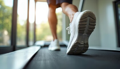 Naklejka premium Fit person walks on treadmill in modern bright gym. Legs, feet in white sneakers move with determination for cardio training. Staying active, healthy key for strong body. Daily exercise routine