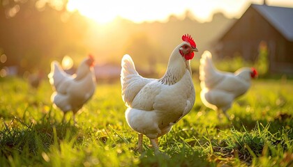 Three white chickens grazing in lush green grass during golden hour sunset with warm backlighting and farm building in background