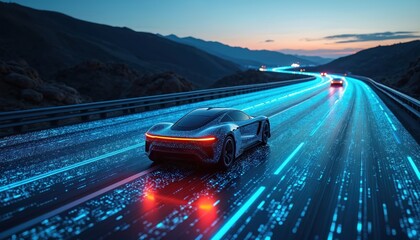 Obraz premium Futuristic self-driving car on glowing digital highway at dusk. Modern autonomous vehicle drives on data road through dark mountains. AI tech powers future smart transport communication network