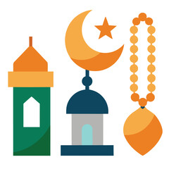 Islamic symbols crescent star mosque prayer beads vector