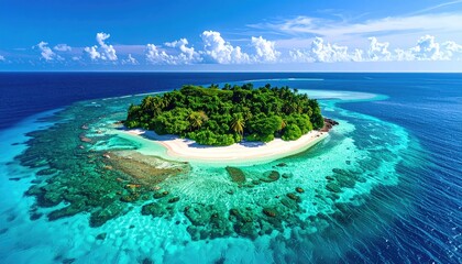 Tropical Island Paradise Lush Green Palm Trees White Sand Beach Crystal Clear Turquoise Ocean Under Deep Blue Sky With Scattered Clouds