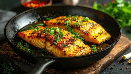 Two Pan Seared Salmon Fillets Glazed with a Savory Sauce and Garnished with Fresh Herbs and Chives Served in a Cast Iron Skillet on a Dark Rustic Surface with a Blurred Greenery Background