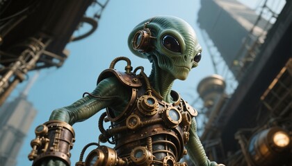 Fototapeta premium Futuristic alien creature with steampunk design interacting in advanced technology environment 