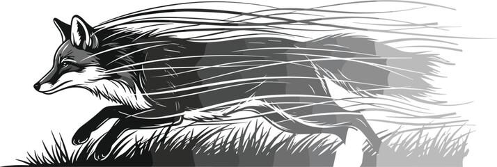 Fast Running Fox Black and White Illustration. Dynamic Speed Motion Sketch of a Wild Animal on Grass. Abstract Design for Power and Agility.
