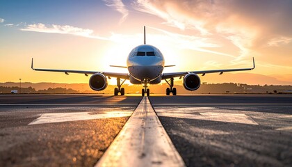 Passenger Airplane on Runway at Sunrise with Dramatic Clouds and Warm Golden Light Illuminating the Aircraft and Tarmac