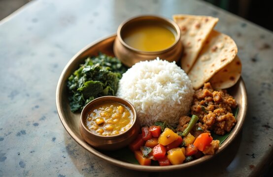 Traditional Nepali dal bhat meal served on metal thali. Includes rice, lentil soup, cooked greens, vegetable curry, meat dish, and flatbread. Authentic Asian cuisine.