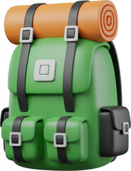 Fototapeta premium A bright green hiking backpack with an orange sleeping bag strapped to the top featuring multiple pockets and dark gray straps travel adventure camping
