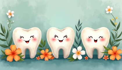 Obraz premium Three happy cartoon teeth smile among vibrant orange, white flowers, green leaves. Illustration promotes oral health, dental care, hygiene for young children. Clean healthy white molars represent