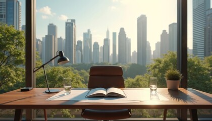 Fototapeta premium Office workplace interior with city view. Open book desk lamp glasses. City skyline backdrop. Architect workspace concept. Modern business. Urban scene design. Education and study.