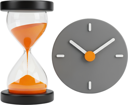 A modern hourglass with flowing orange sand next to a simple gray analog clock with white hands Time Timer Counting Measurement Deadline Schedule Punctual - Powered by Adobe