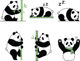 Cute Panda Bear Poses Set. Collection of Cartoon Mascots Eating Bamboo, Sleeping, and Waving for Chinese Animal and Wildlife Design.