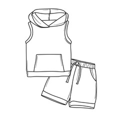 A simple line drawing of a childrens tank top with a pocket and matching shorts with a drawstring, perfect for summer wear designs