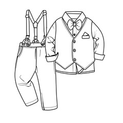 A charming outline drawing of a baby boys formal outfit, featuring trousers with suspenders and a long-sleeved shirt with a vest and bow tie