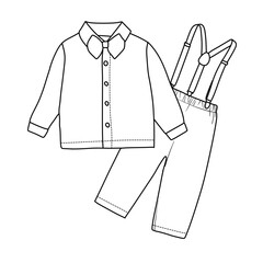 Line art illustration of a baby boys formal outfit including a collared shirt and pants with suspenders