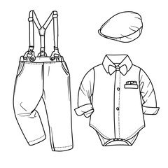 Detailed line art illustration of a baby outfit including suspender pants, a long-sleeved shirt with a bow tie, and a matching hat, perfect for design projects.