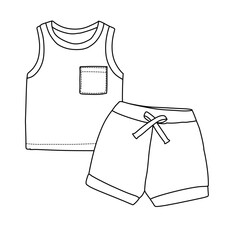 A simple line drawing of a childrens tank top with a pocket and matching shorts with a drawstring, perfect for summer wear designs.