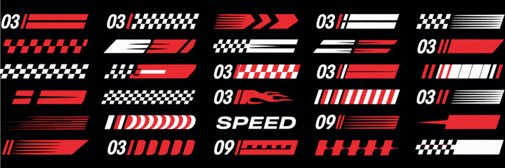 Collection of racing-themed graphic elements including checkered flags, speed lines, and abstract designs in red and white for automotive or sports branding