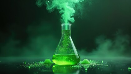 Green liquid bubbles and steams in erlenmeyer flask. Bubbling fluid creates vapor and smoke in lab. Mysterious chemical experiment with toxic potion.