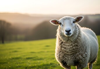 Fototapeta premium A woolly sheep looks at the camera while standing in a green field during a beautiful golden hour sunset.