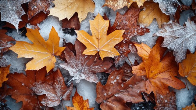 Brown and orange autumn leaves covered with frost and snow, symbolizing the transition from fall to winter, perfect for seasonal nature, weather, and background concepts