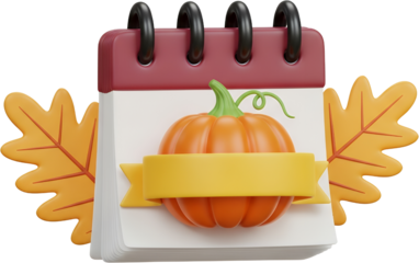 A 3D rendering depicts a calendar page adorned with an orange pumpkin and autumn leaves featuring a blank banner for text fall seasonal event holiday harvest