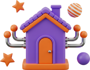Stylized 3D purple and orange house with attached metallic pipes and orange spheres surrounded by orange stars and striped ball cartoon building architecture