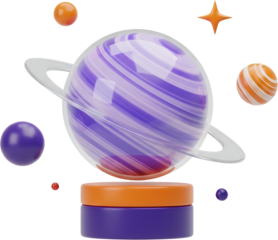 Swirling Purple And White Planet With Rings Surrounded By Smaller Spheres An Orange Star And A Two Tiered Platform Against A Transparent Background Space Cosmos