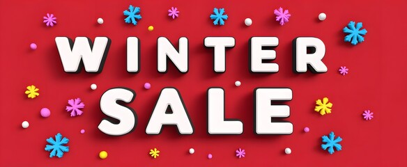 Fototapeta premium Winter sale message with bright sprinkles and flakes on a red backdrop