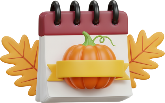 A 3D rendering depicts a calendar page adorned with an orange pumpkin and autumn leaves featuring a blank banner for text fall seasonal event holiday harvest
