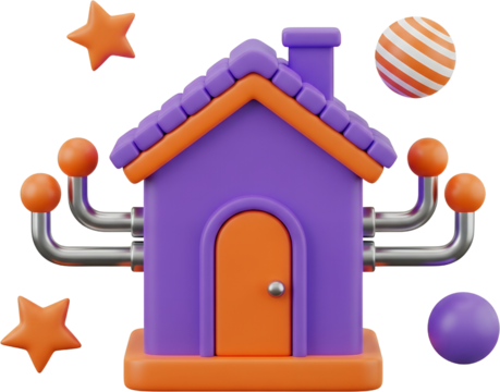 Stylized 3D purple and orange house with attached metallic pipes and orange spheres surrounded by orange stars and striped ball cartoon building architecture