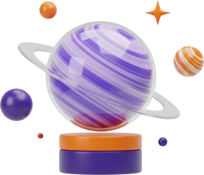 Swirling Purple And White Planet With Rings Surrounded By Smaller Spheres An Orange Star And A Two Tiered Platform Against A Transparent Background Space Cosmos