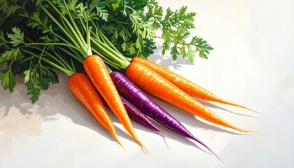 &ldquo;Vertical row of purple and orange carrots with green tops on light background&rdquo;