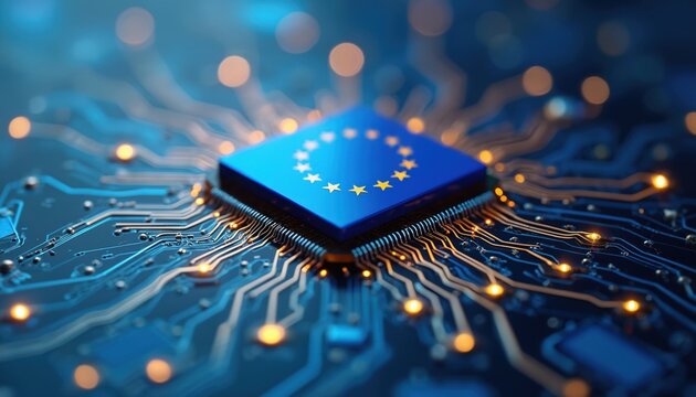 European Union flag sits on microchip at center of complex circuit board. Highlights EU focus on digital tech, innovation, future growth. Glowing lights connect chip, representing data flow, policy,