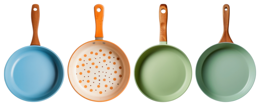 PNG Colorful nonstick frying pans displayed, element set on transparent background