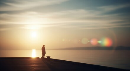 A lone figure stands on a pier, gazing out at the tranquil ocean as the sun sets, casting a warm glow.