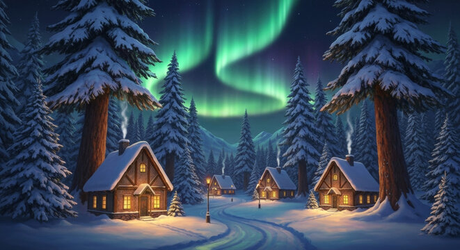 Magical Christmas scene with cozy wooden cabins nestled in snowy forest under surreal display of northern lights. holiday atmosphere feels enchanting and serene