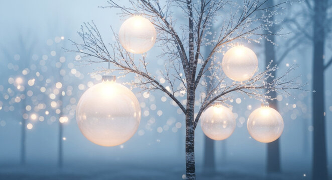 Magical Christmas scene with glowing ornaments hanging from frosted tree branches in surreal, misty forest. holiday atmosphere feels enchanting and full of fantasy