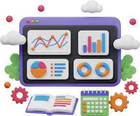 A 3D illustration displays a digital interface with various charts and graphs surrounded by clouds gears and foliage elements suggesting data analysis and planning